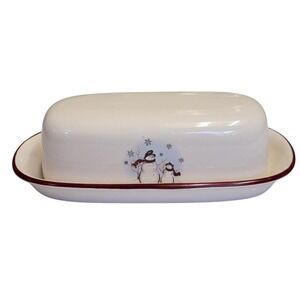 VTG 90s Royal Seasons Butter Dish Holiday Snowmen Christmas 2‎ Pc Stoneware